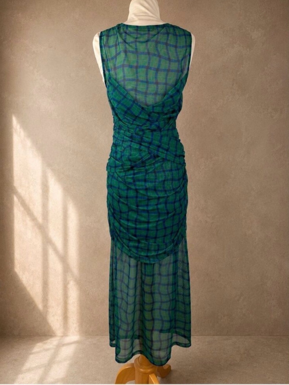 Simon Miller Kinny Ruched Plaid Mesh Midi Dress Anthropologie Green Blue- Size L - Picture 4 of 13